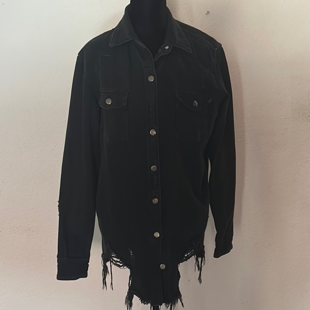 American Bazi Black Distressed Jean Jacket
